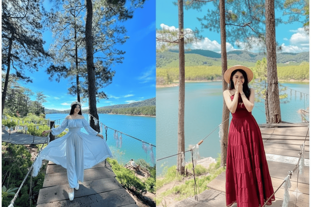 Chiếc cầu gỗ nhỏ, những h&agrave;ng th&ocirc;ng cao v&uacute;t v&agrave; mặt nước trong veo tạo n&ecirc;n một bức tranh thi&ecirc;n nhi&ecirc;n l&atilde;ng mạn, đầy chất thơ